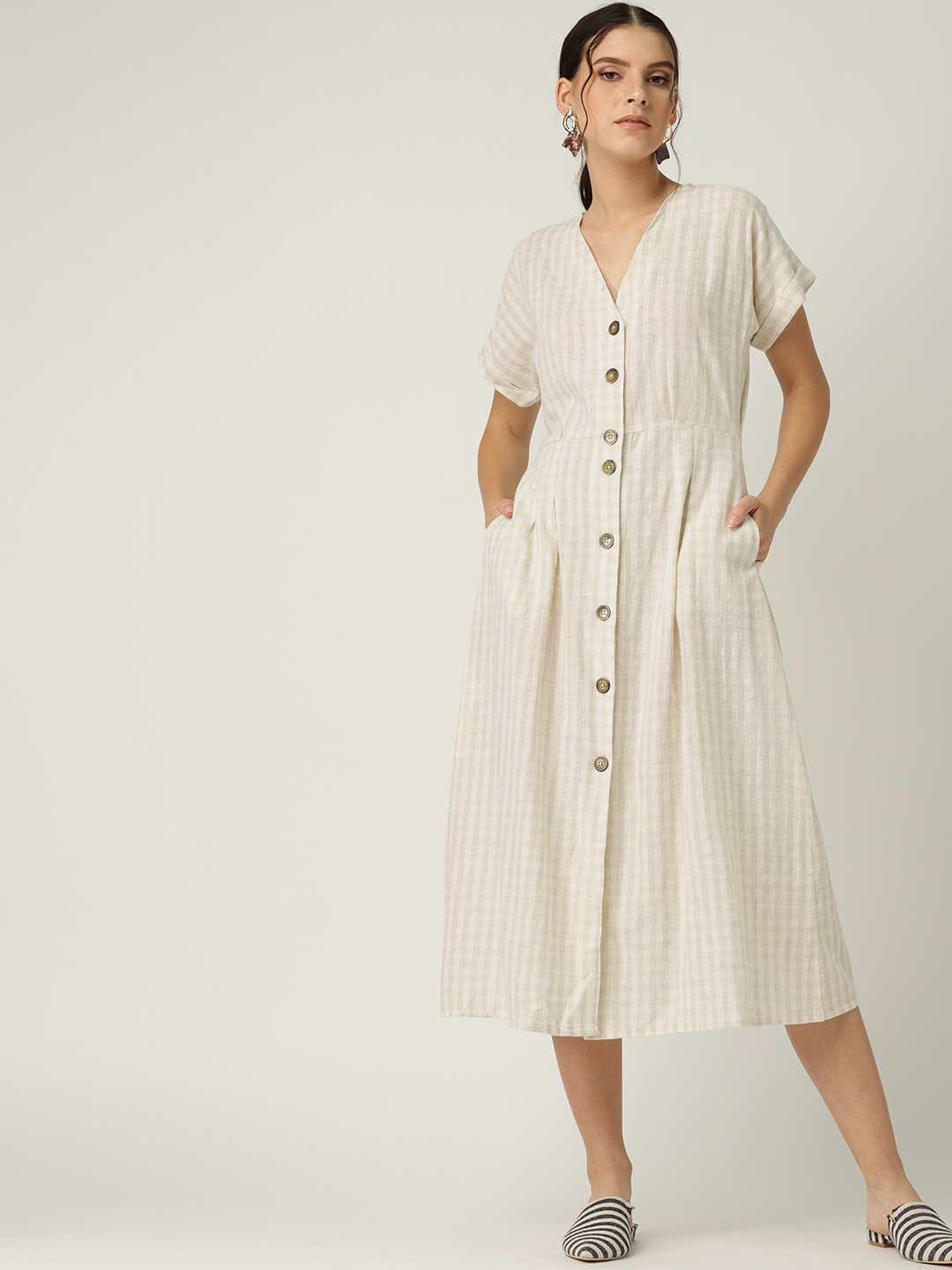 

MANGO Women Off-White & Beige Checked A-Line Dress