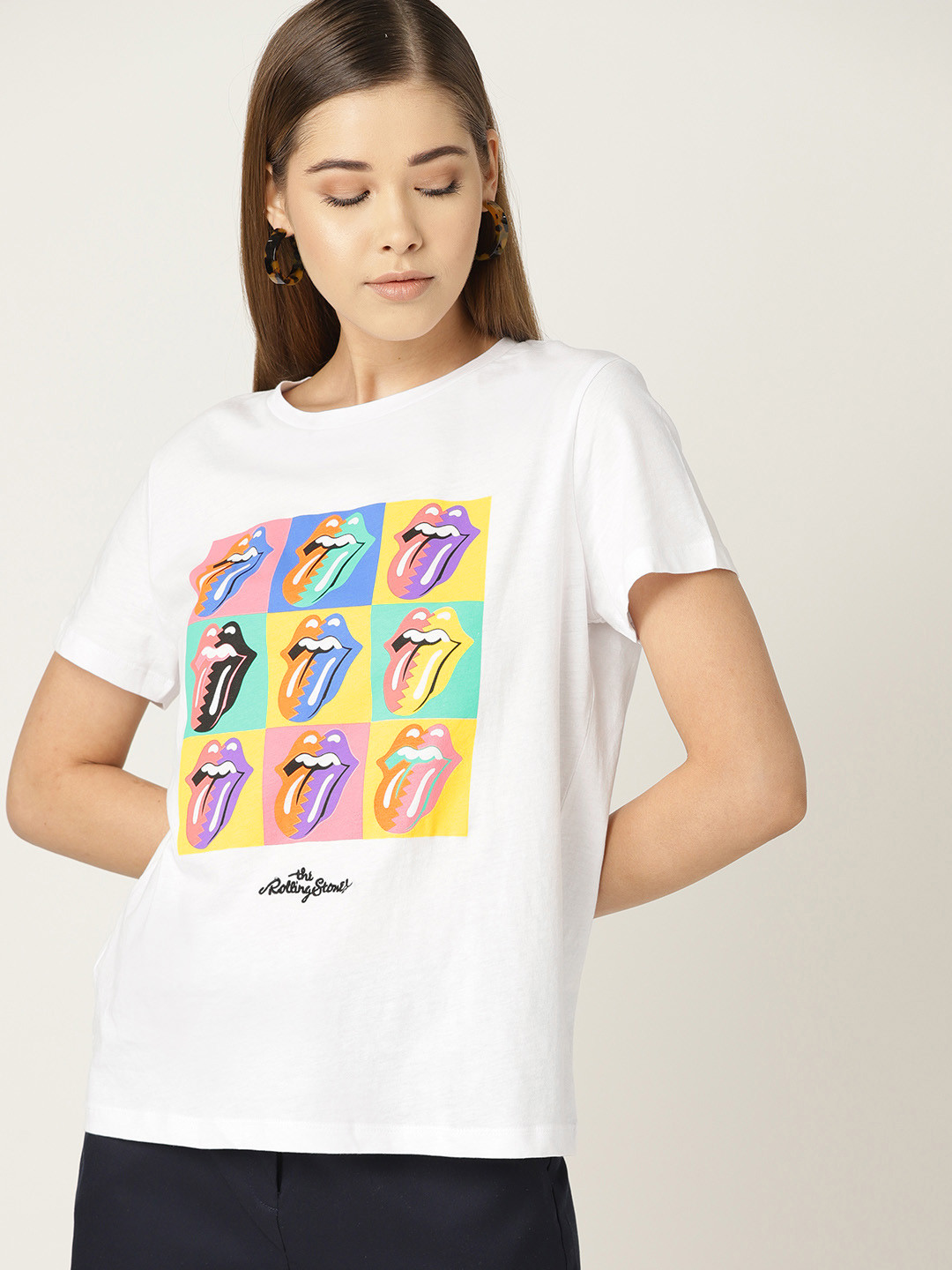 

MANGO Women White Printed Round Neck T-shirt