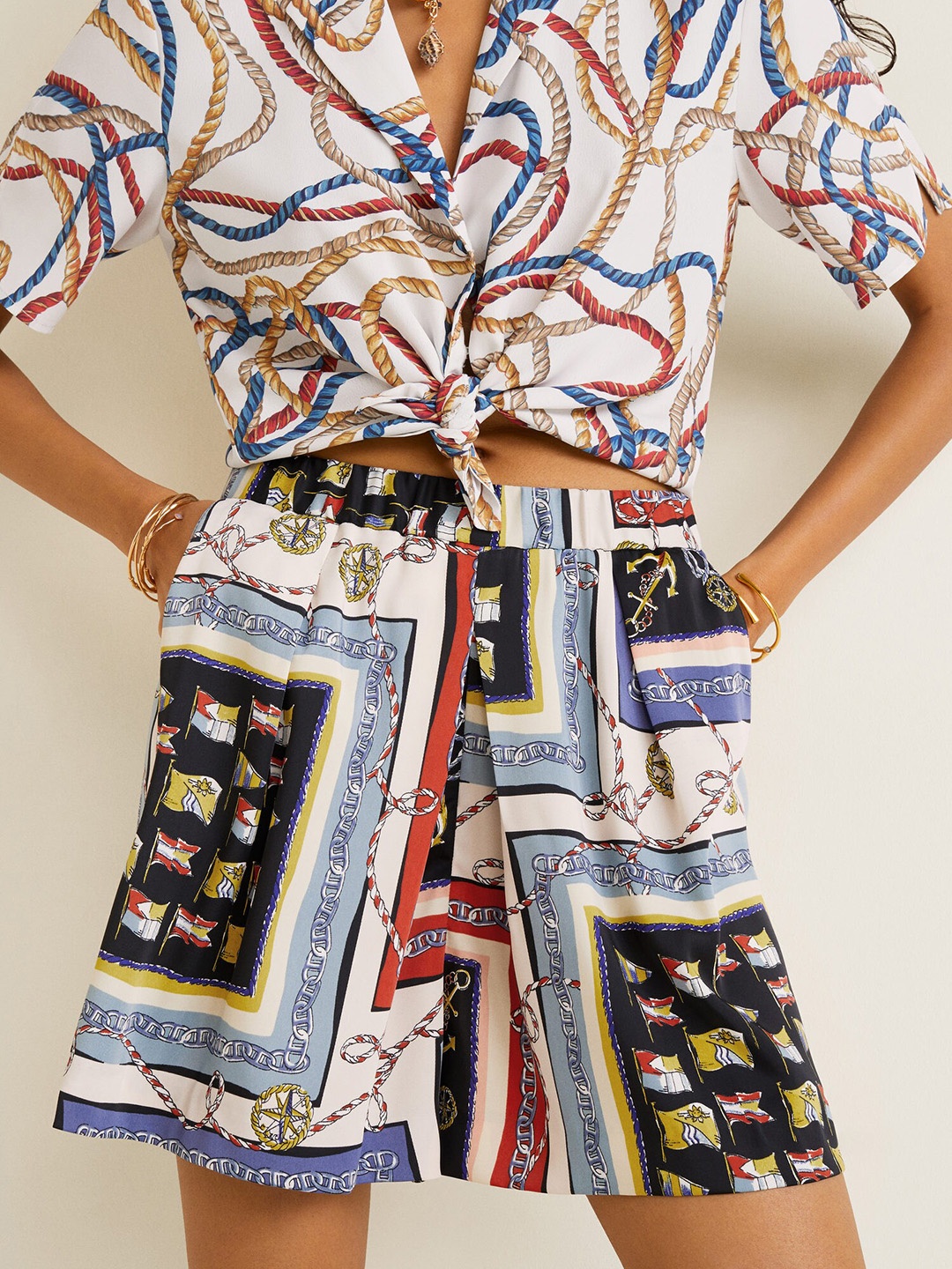 

MANGO Women Off-White & Blue Printed Regular Fit Shorts