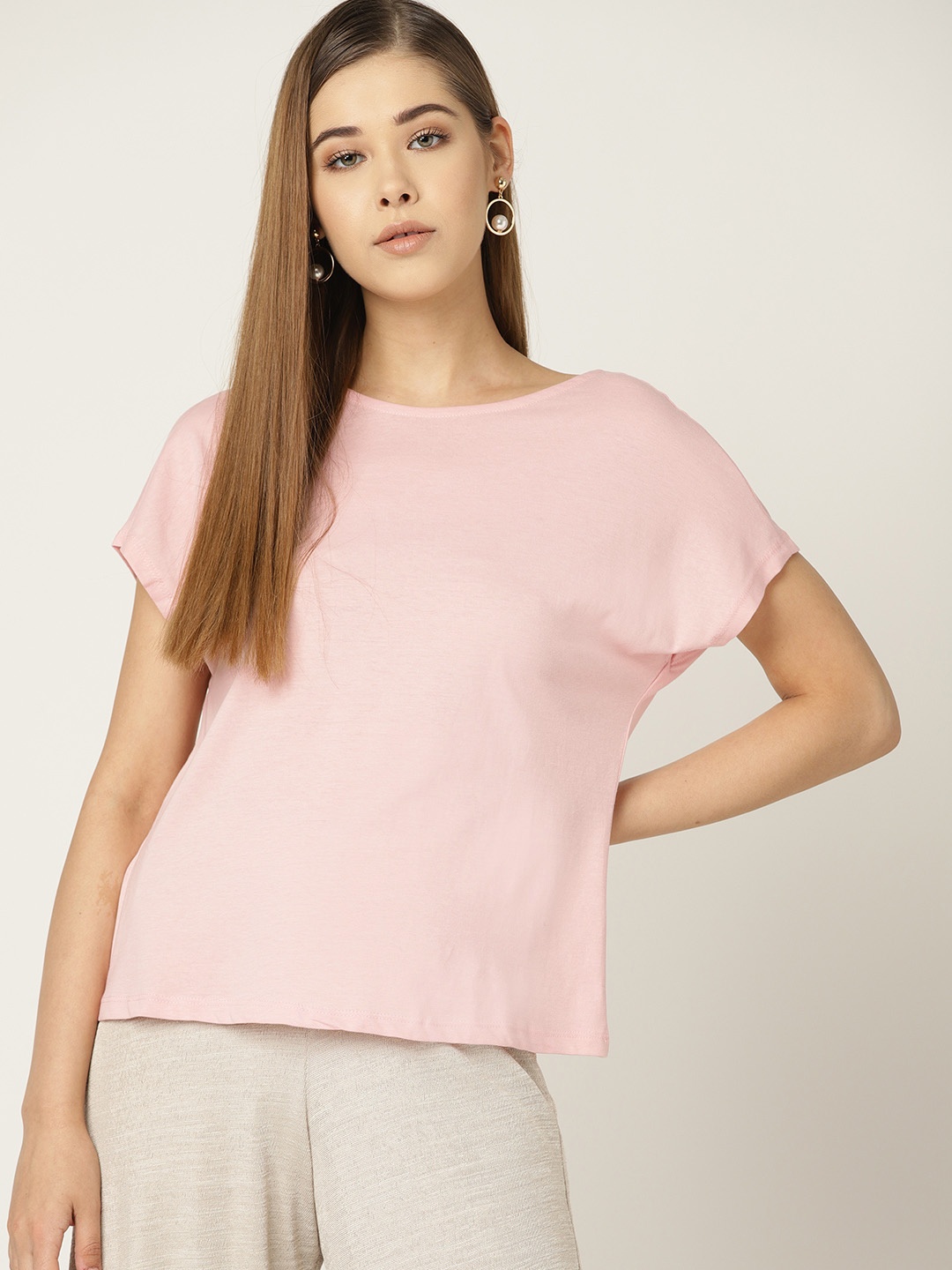 

MANGO Women Pink Solid Styled Back Pure Cotton Top