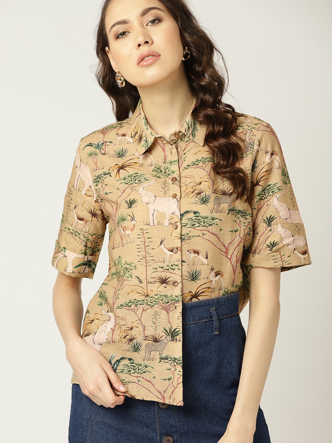 

MANGO Women Beige & Green Regular Fit Printed Casual Shirt