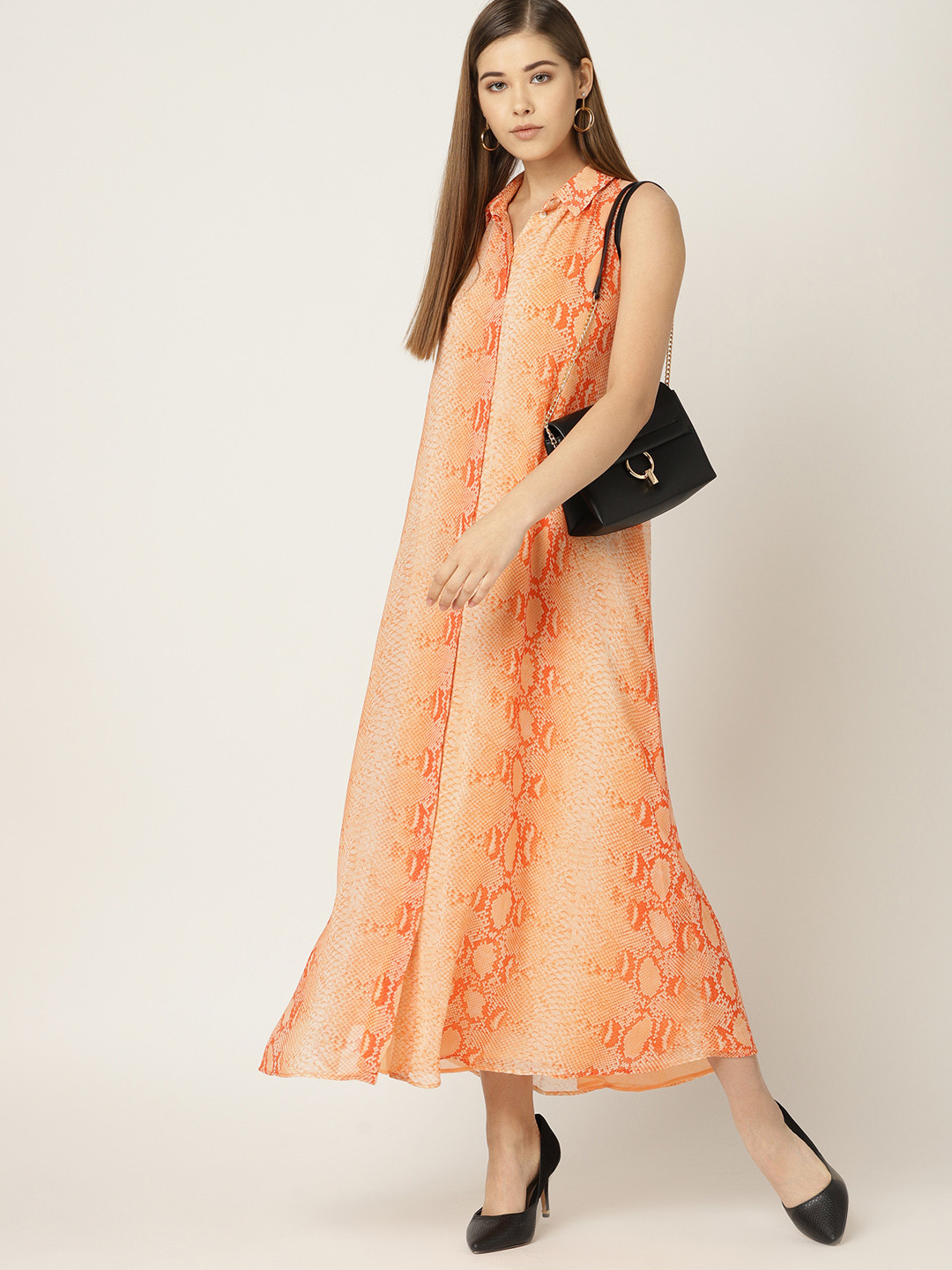 

MANGO Women Orange Snakeskin Print Shirt Maxi Dress