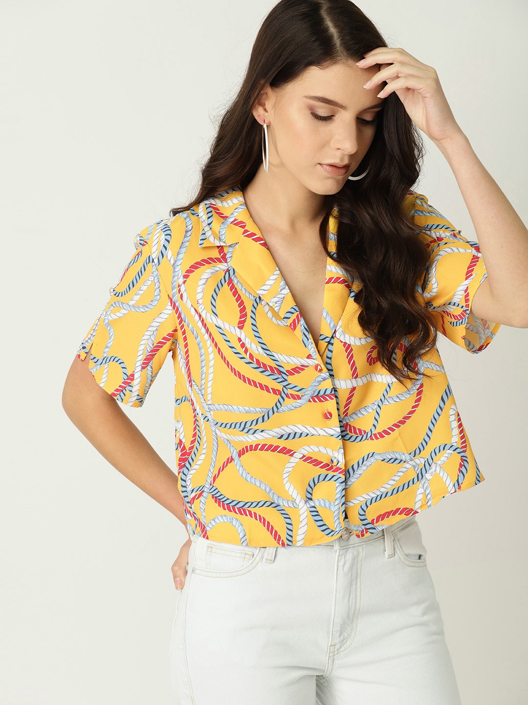 

MANGO Women Yellow & Red Printed Cropped Casual Shirt