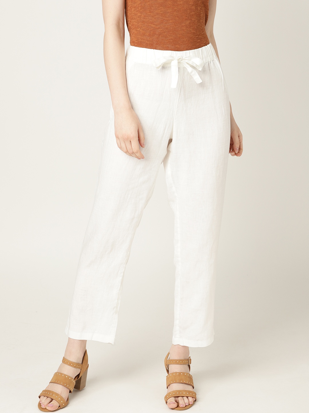 

MANGO Women White Linen Solid Regular Trousers