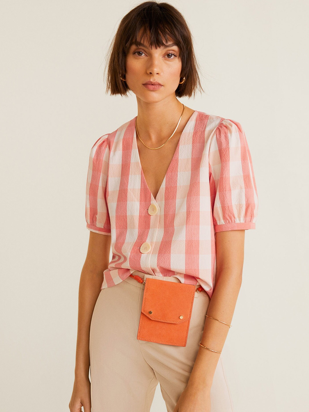 

MANGO Women Pink & White Checked Regular Top