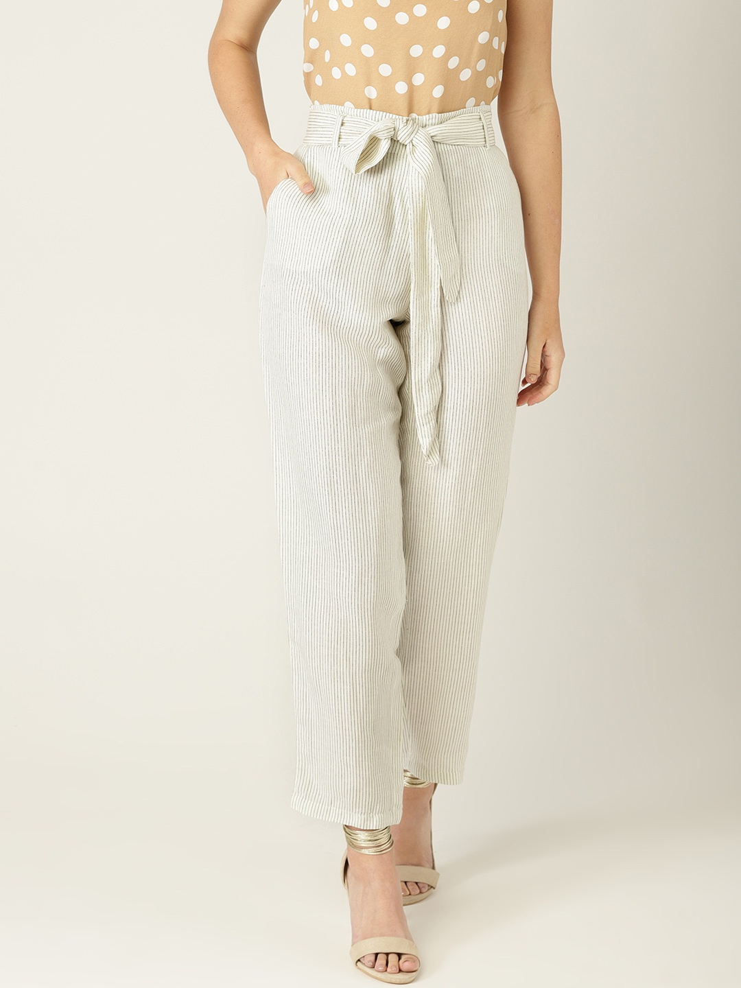 

MANGO Women Off-White & Black Regular Fit Striped Peg Trousers