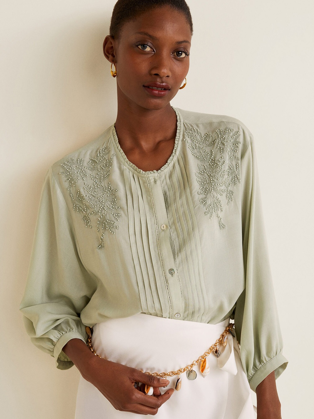 

MANGO Women Green Embroidered Detail Shirt Style Top