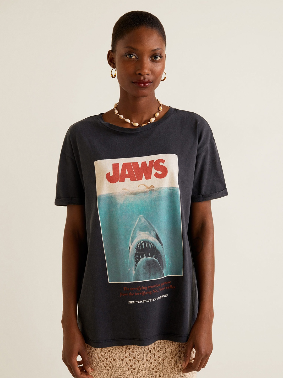 

MANGO Women Charcoal Grey Printed Round Neck T-shirt