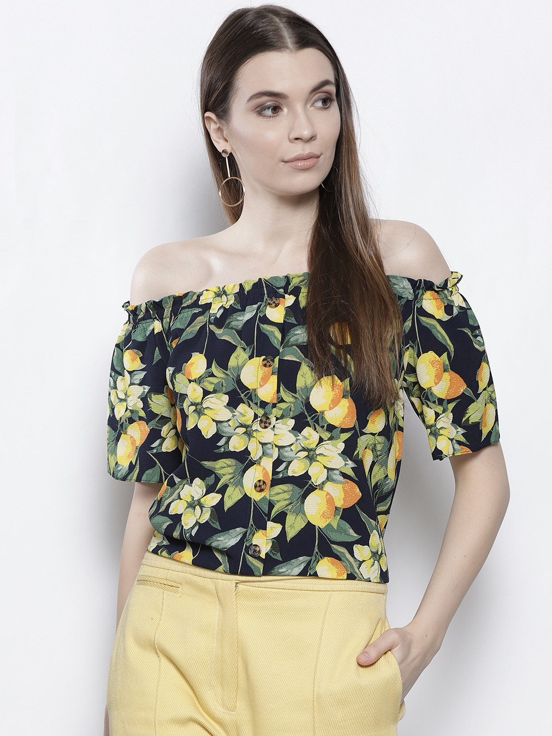 

DOROTHY PERKINS Women Navy Blue & Yellow Printed Bardot Top