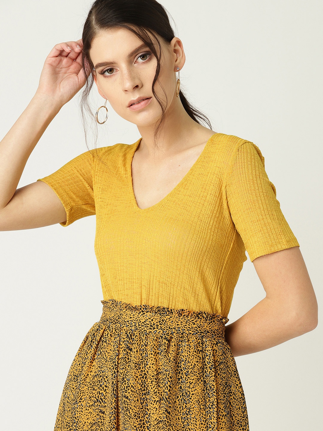 

MANGO Women Mustard Yellow Self-Striped Top