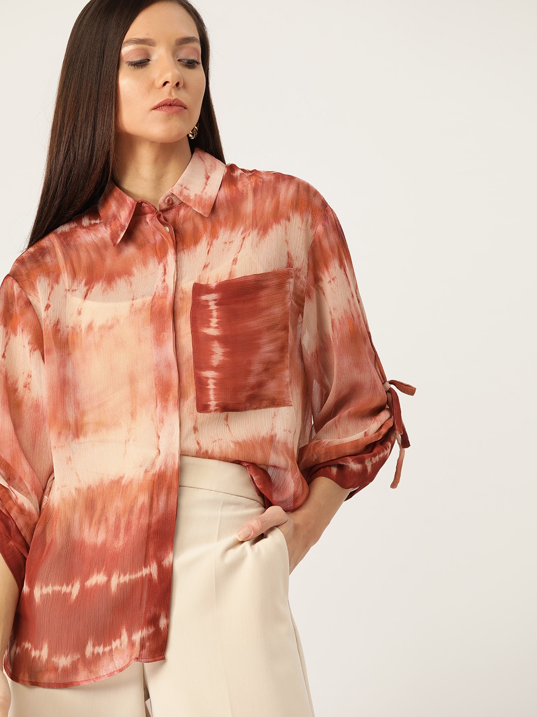 

MANGO Women Rust Brown & Beige Regular Fit Tie & Dye Casual Shirt