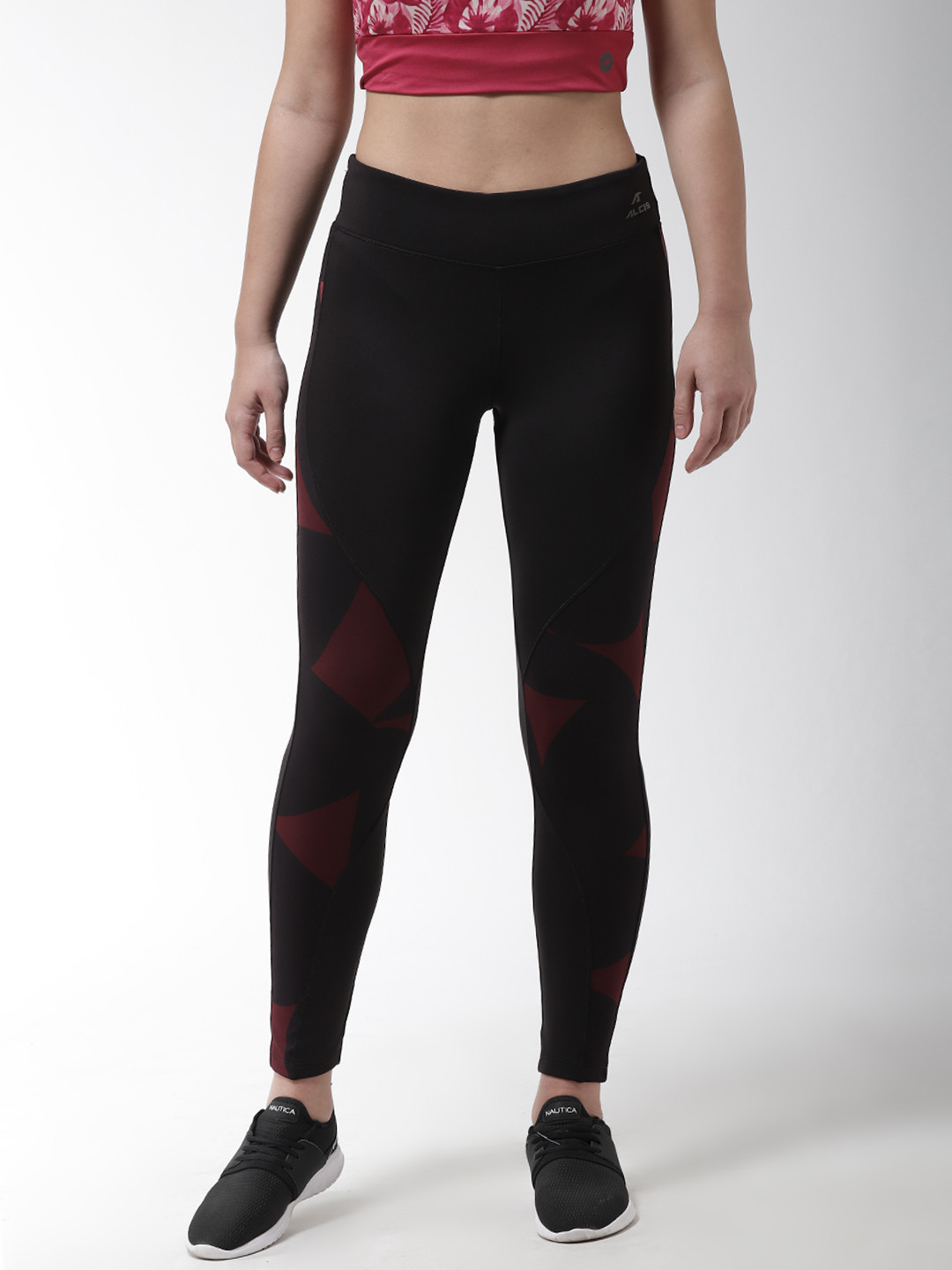 

Alcis Women Black & Maroon Printed Training Tights