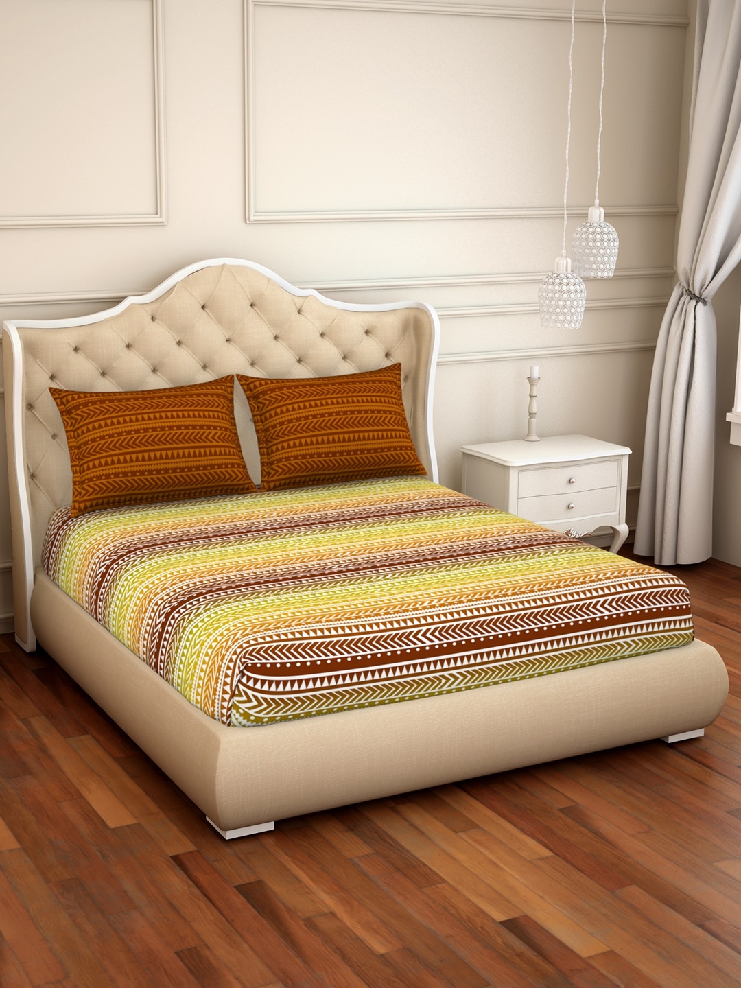 

CORE Designed by SPACES Brown Geometric 144 TC Cotton 1 Queen Bedsheet with 2 Pillow Covers