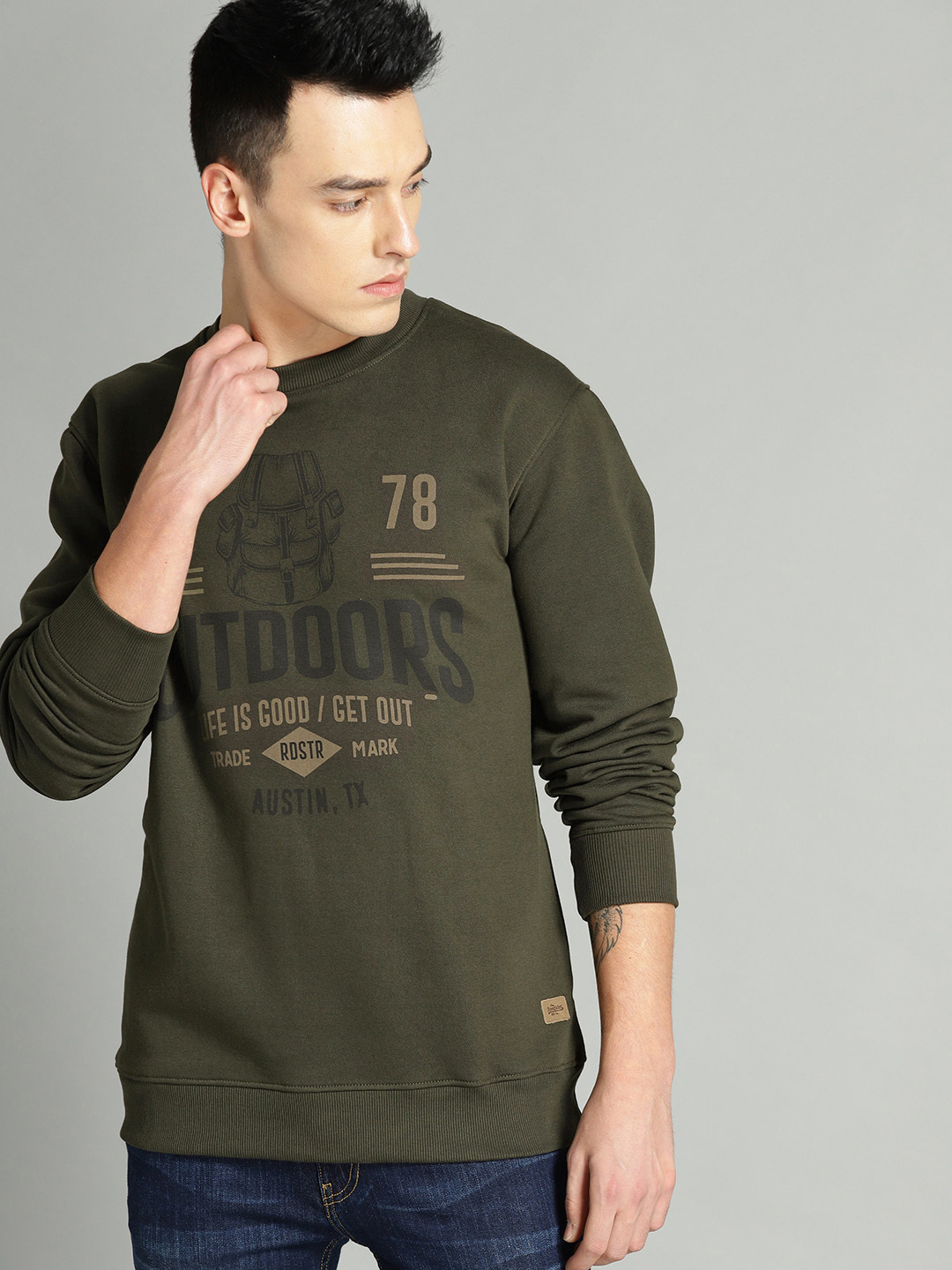 

The Roadster Lifestyle Co Men Olive Green Printed Sweatshirt