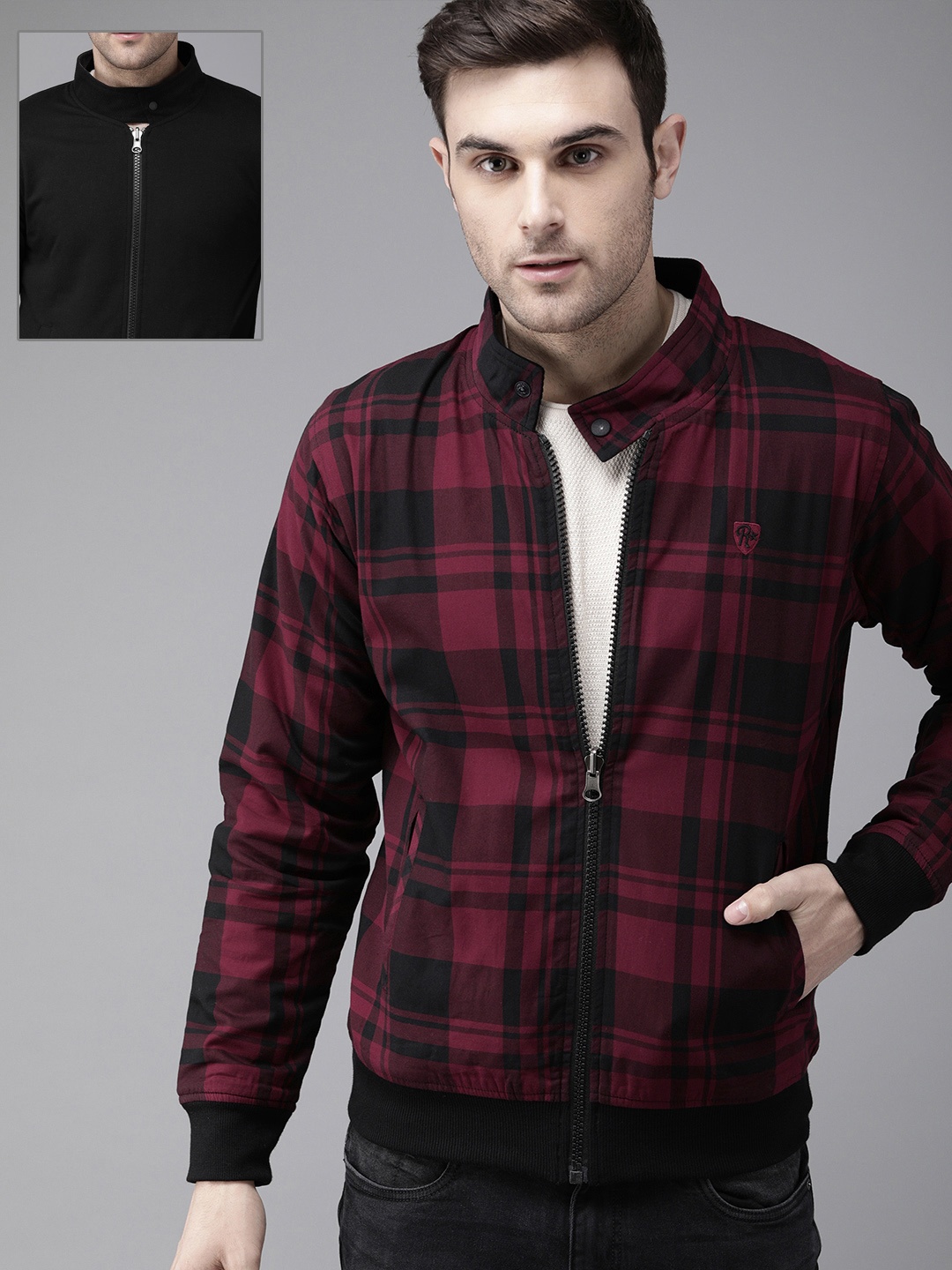 

The Roadster Lifestyle Co Men Maroon & Black Checked Reversible Bomber Jacket