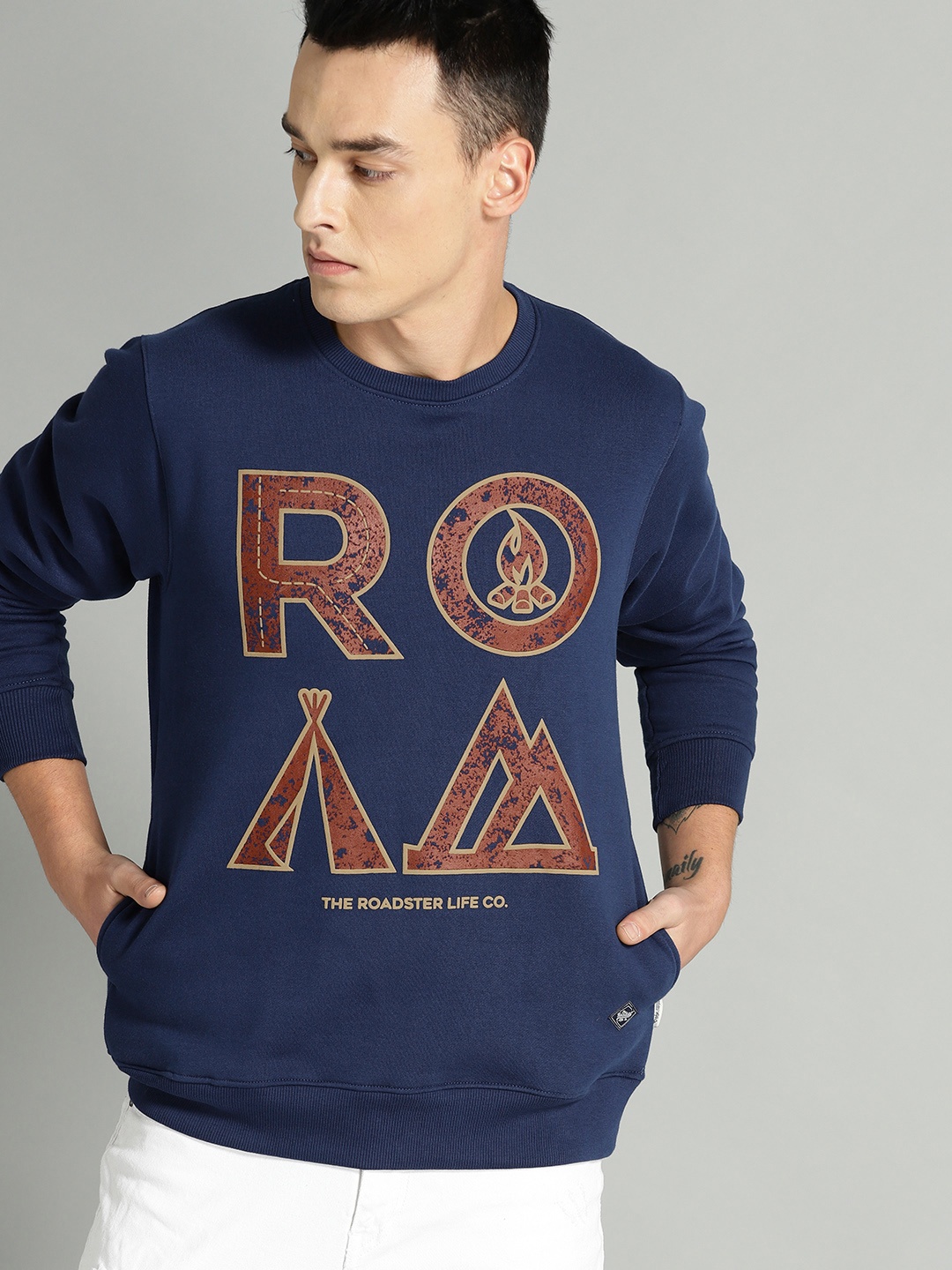 

The Roadster Lifestyle Co Men Navy Blue & Rust Printed Sweatshirt