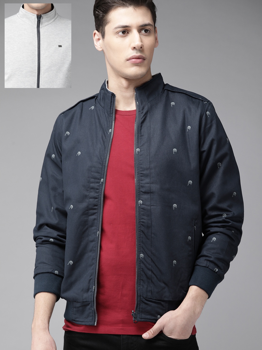 

The Roadster Lifestyle Co Men Grey Melange & Navy Blue Reversible Bomber Jacket