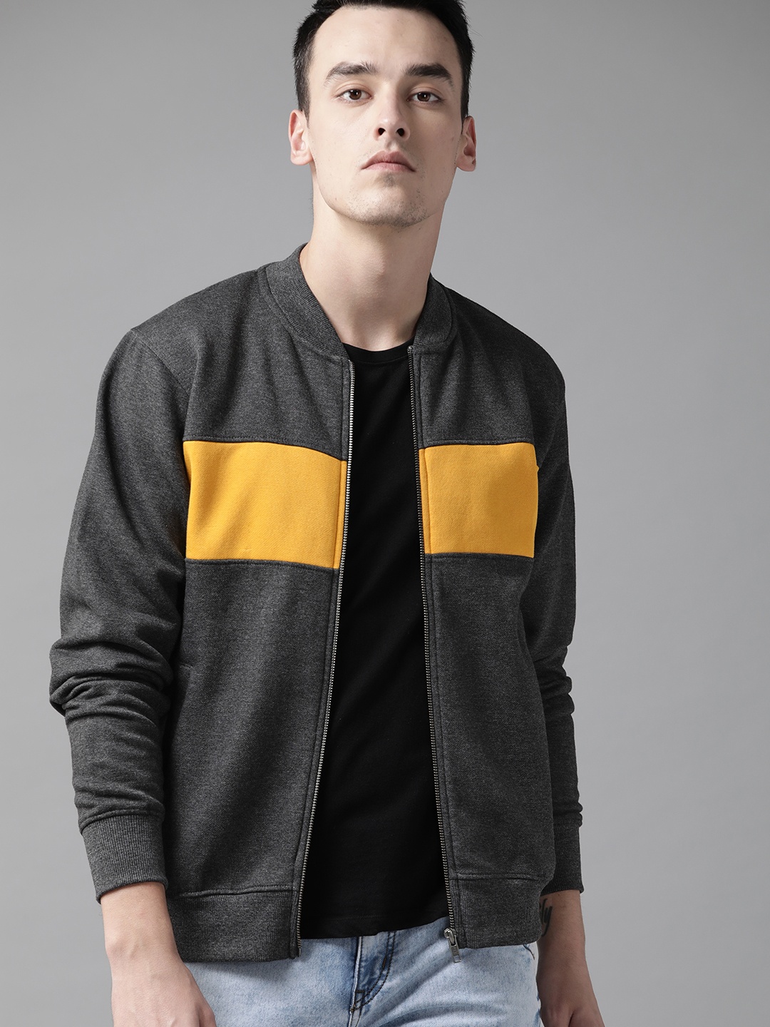 

The Roadster Lifestyle Co Men Charcoal Grey & Mustard Yellow Colourblocked Sweatshirt