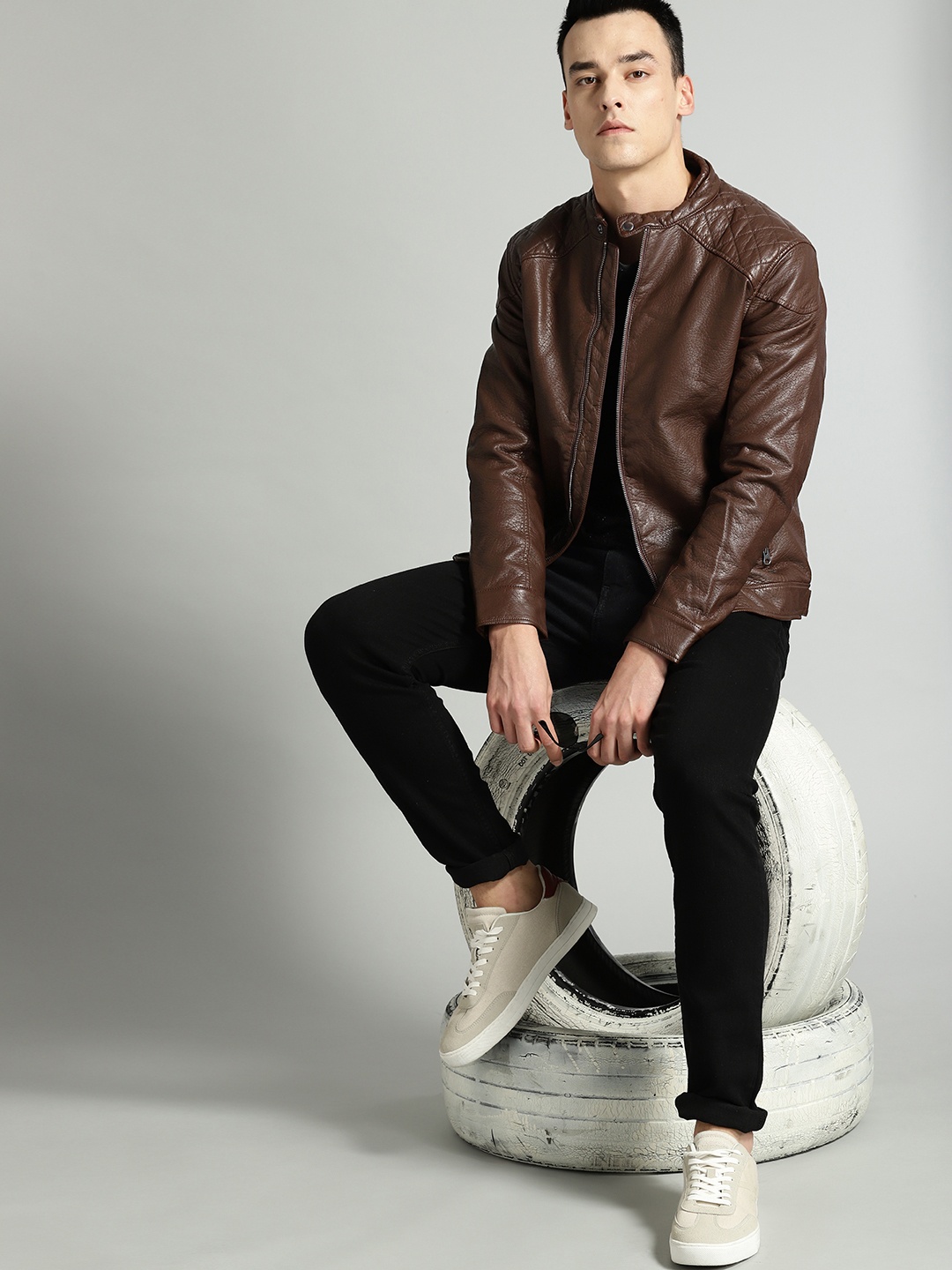 

The Roadster Lifestyle Co Men Faux Leather Jacket, Brown