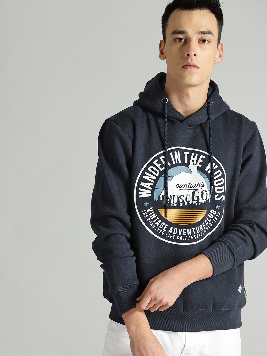 

The Roadster Lifestyle Co Men Navy Blue Printed Hooded Sweatshirt