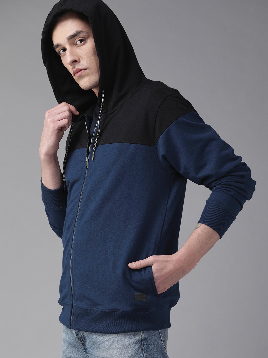 

The Roadster Lifestyle Co Men Navy Blue & Black Colourblocked Hooded Sweatshirt