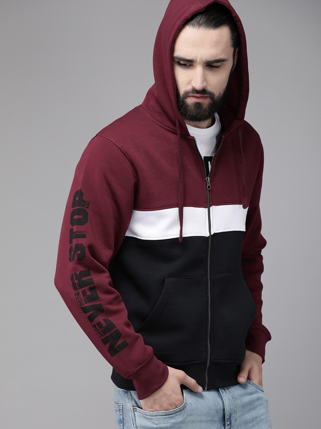 

The Roadster Lifestyle Co Men Red & NavyBlue Colourblocked Hooded Sweatshirt