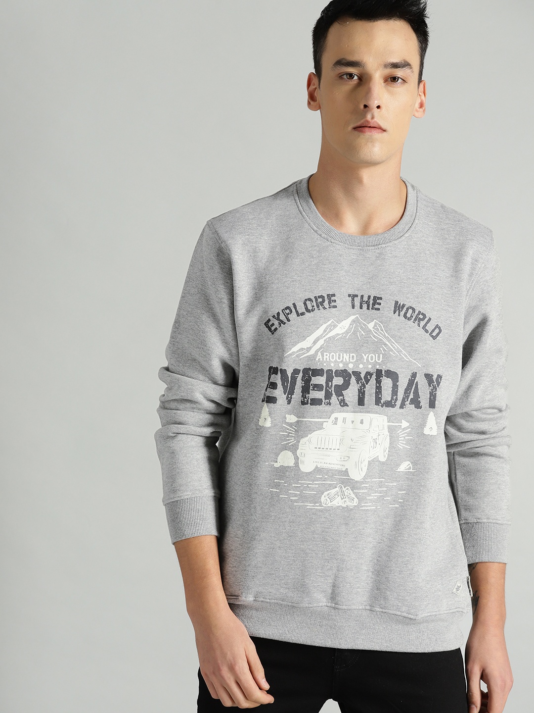 

The Roadster Lifestyle Co Men Grey Melange Printed Sweatshirt