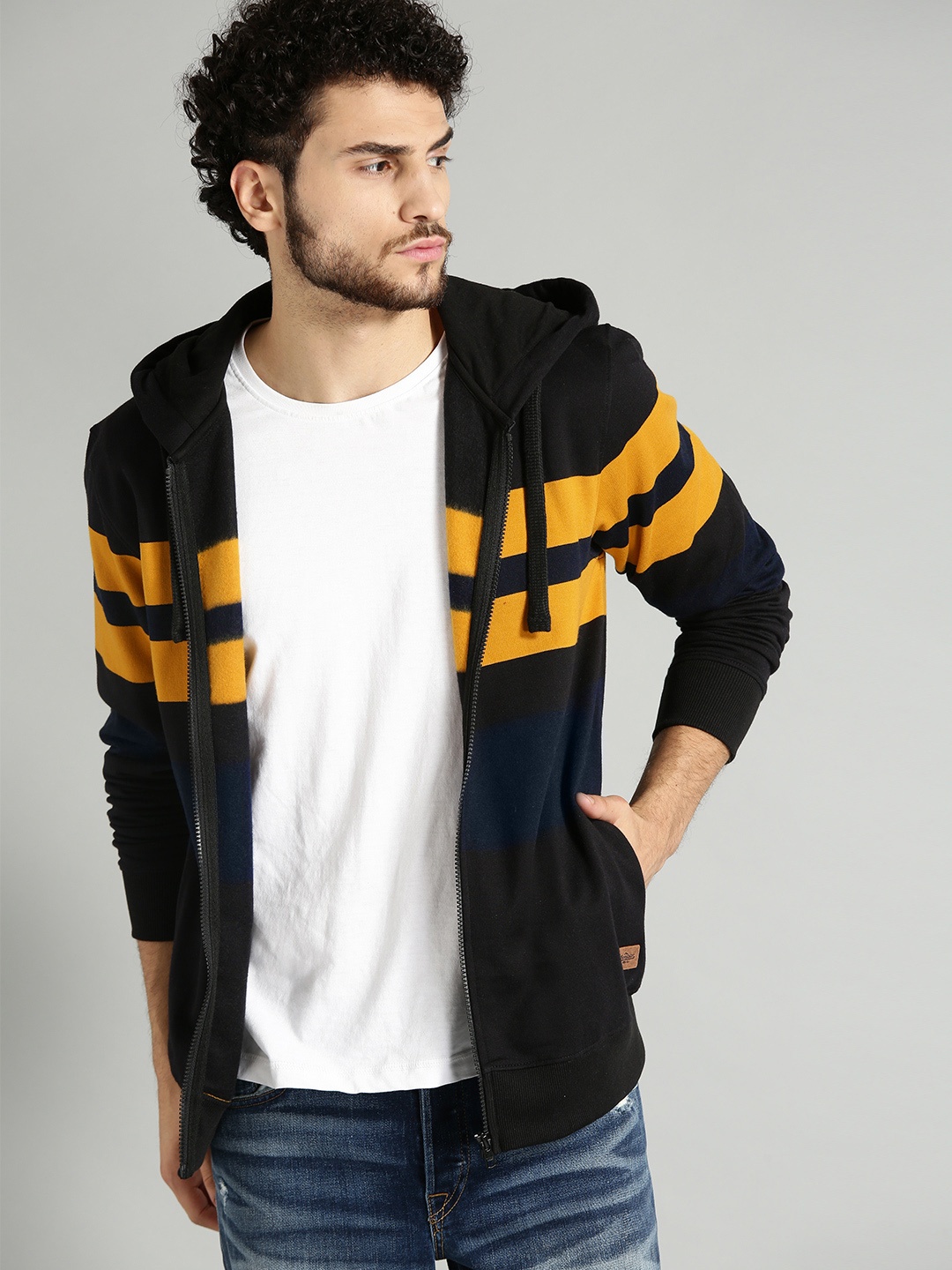 

The Roadster Lifestyle Co Men Black & Mustard Yellow Striped Hooded Sweatshirt