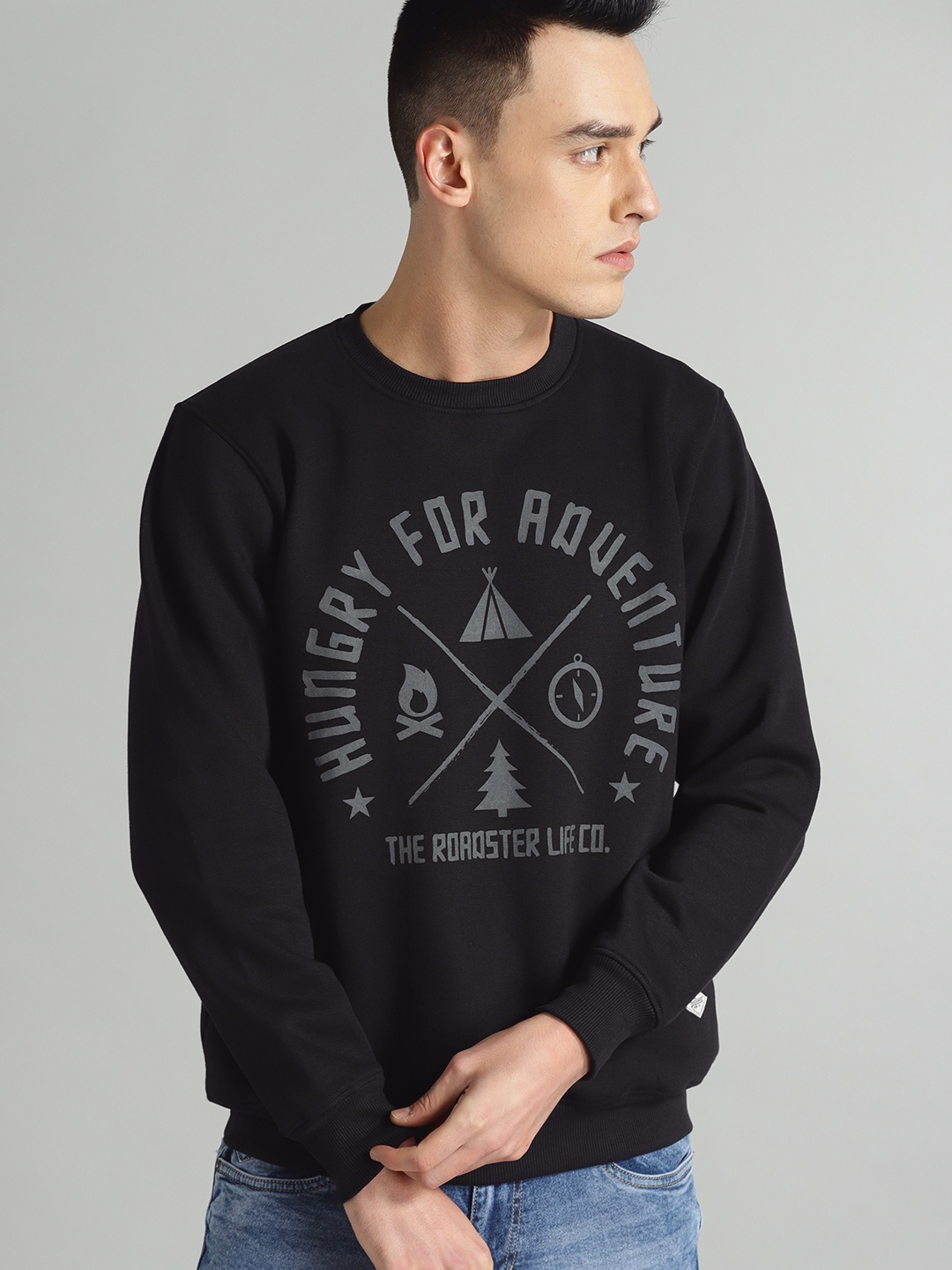 

The Roadster Lifestyle Co Men Black & Charcoal Grey Printed Sweatshirt