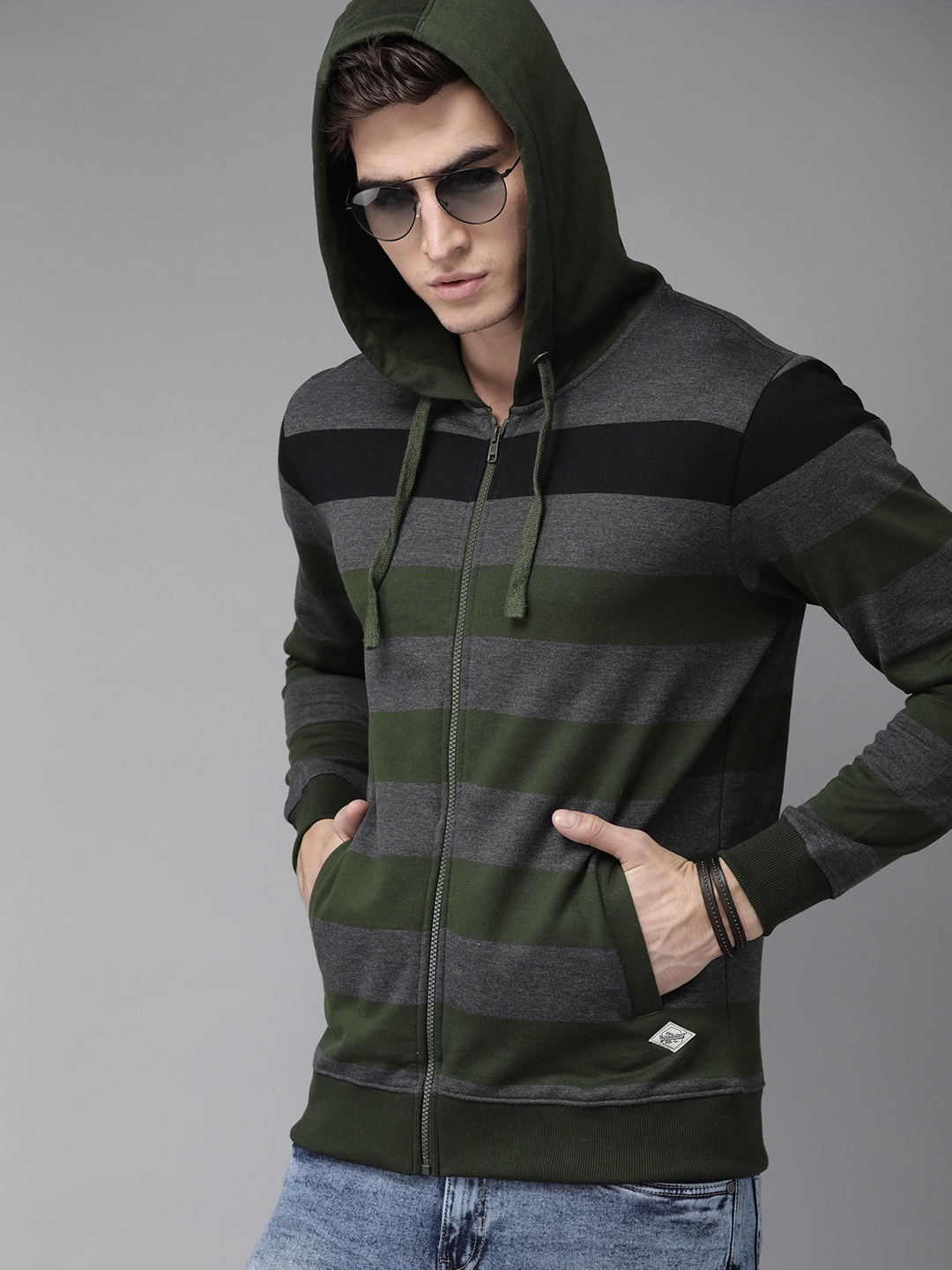 

The Roadster Lifestyle Co Men Green & Grey Striped Hooded Sweatshirt