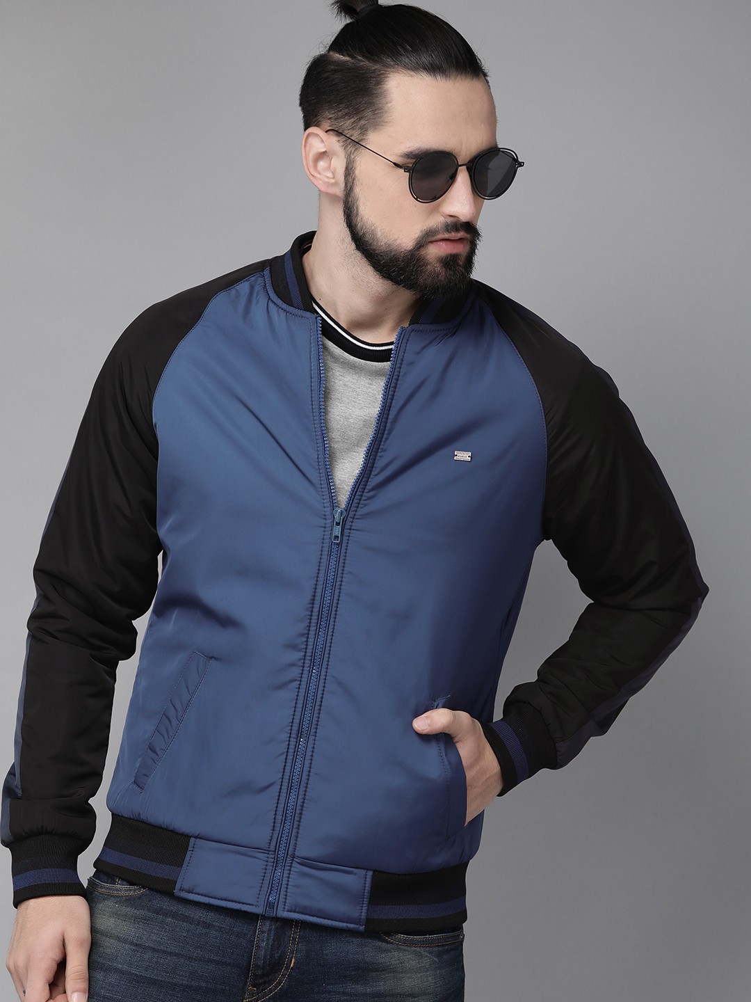 

The Roadster Lifestyle Co Men Blue Solid Bomber Jacket