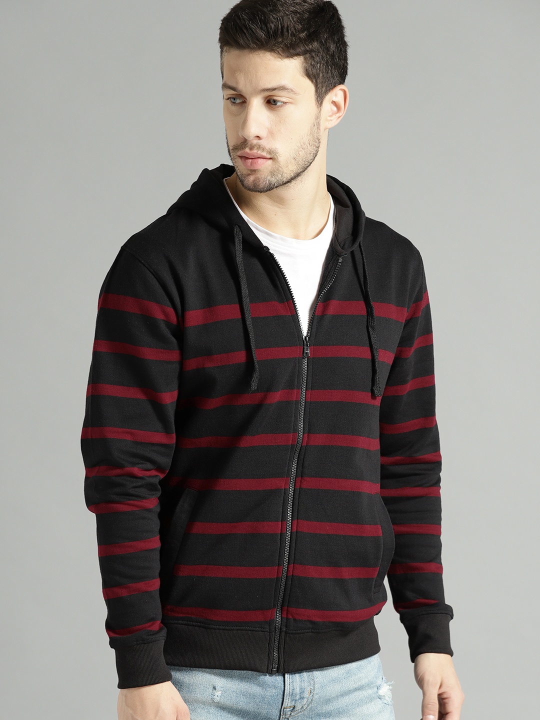 

The Roadster Lifestyle Co Men Black & Maroon Striped Hooded Sweatshirt