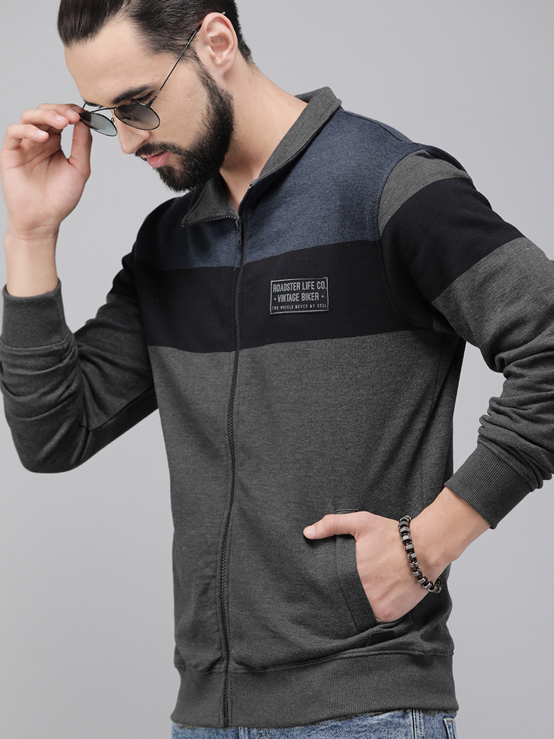 

The Roadster Lifestyle Co Men Charcoal Grey & Black Colourblocked Sweatshirt