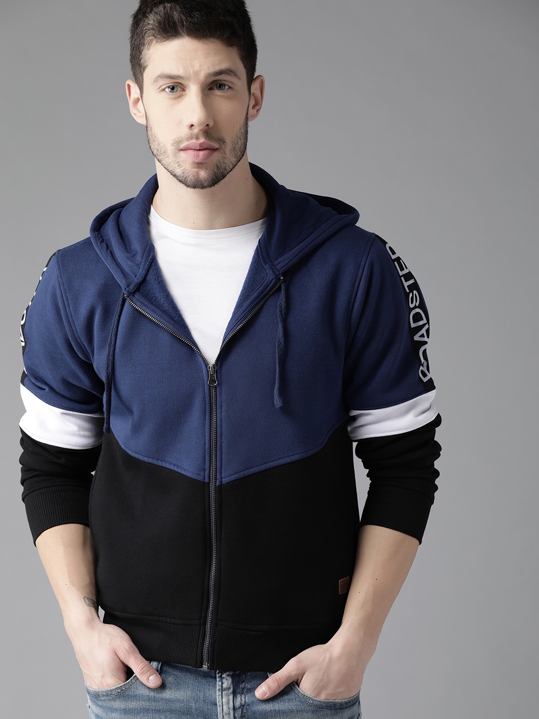 

The Roadster Lifestyle Co Men Navy Blue & Black Colourblocked Hooded Sweatshirt