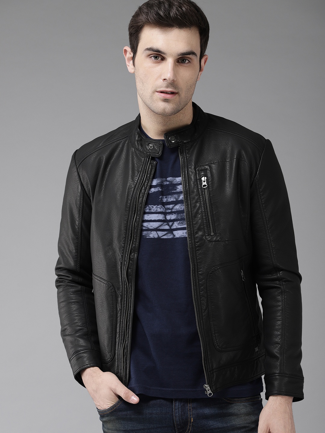 

The Roadster Lifestyle Co Men Black Solid Biker Jacket