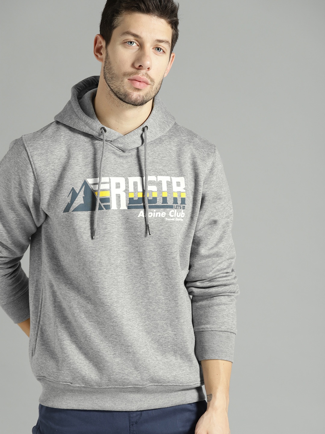 

The Roadster Lifestyle Co Men Grey Melange Printed Hooded Sweatshirt