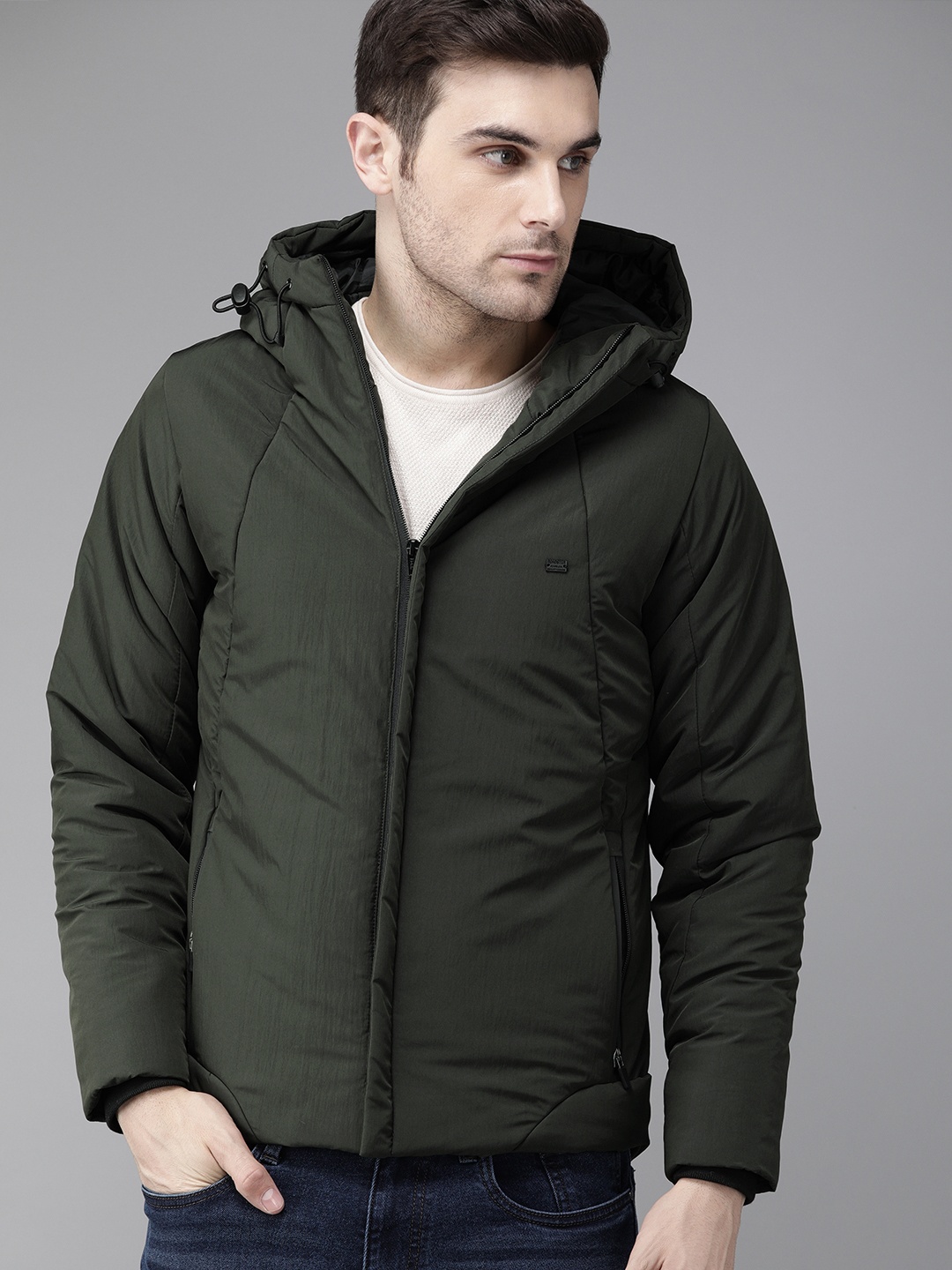 

The Roadster Lifestyle Co Men Olive Green Solid Hooded Padded Jacket