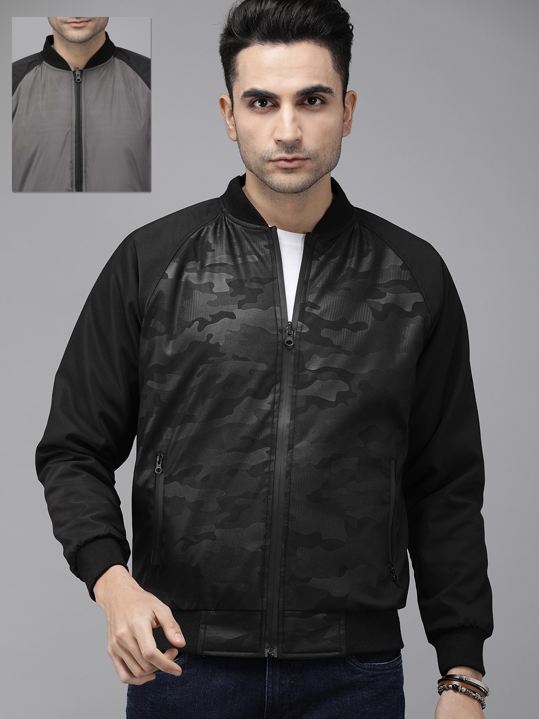 

The Roadster Lifestyle Co Men Black & Charcoal Grey Camouflage Printed Reversible Bomber Jacket