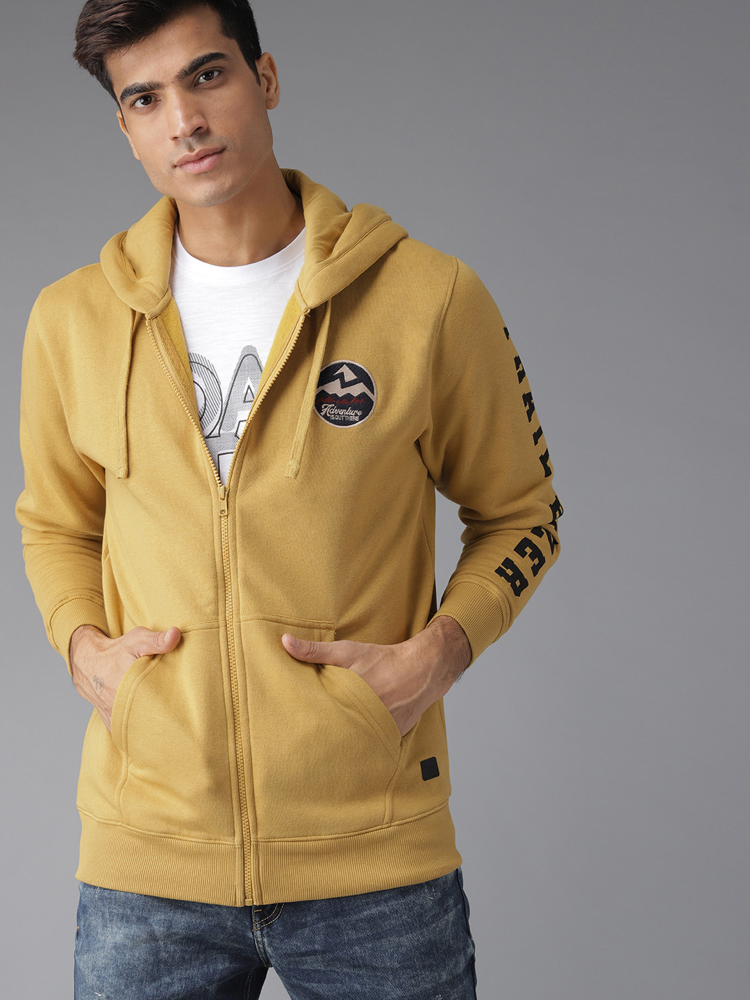 

The Roadster Lifestyle Co Men Mustard Yellow Solid Hooded Sweatshirt