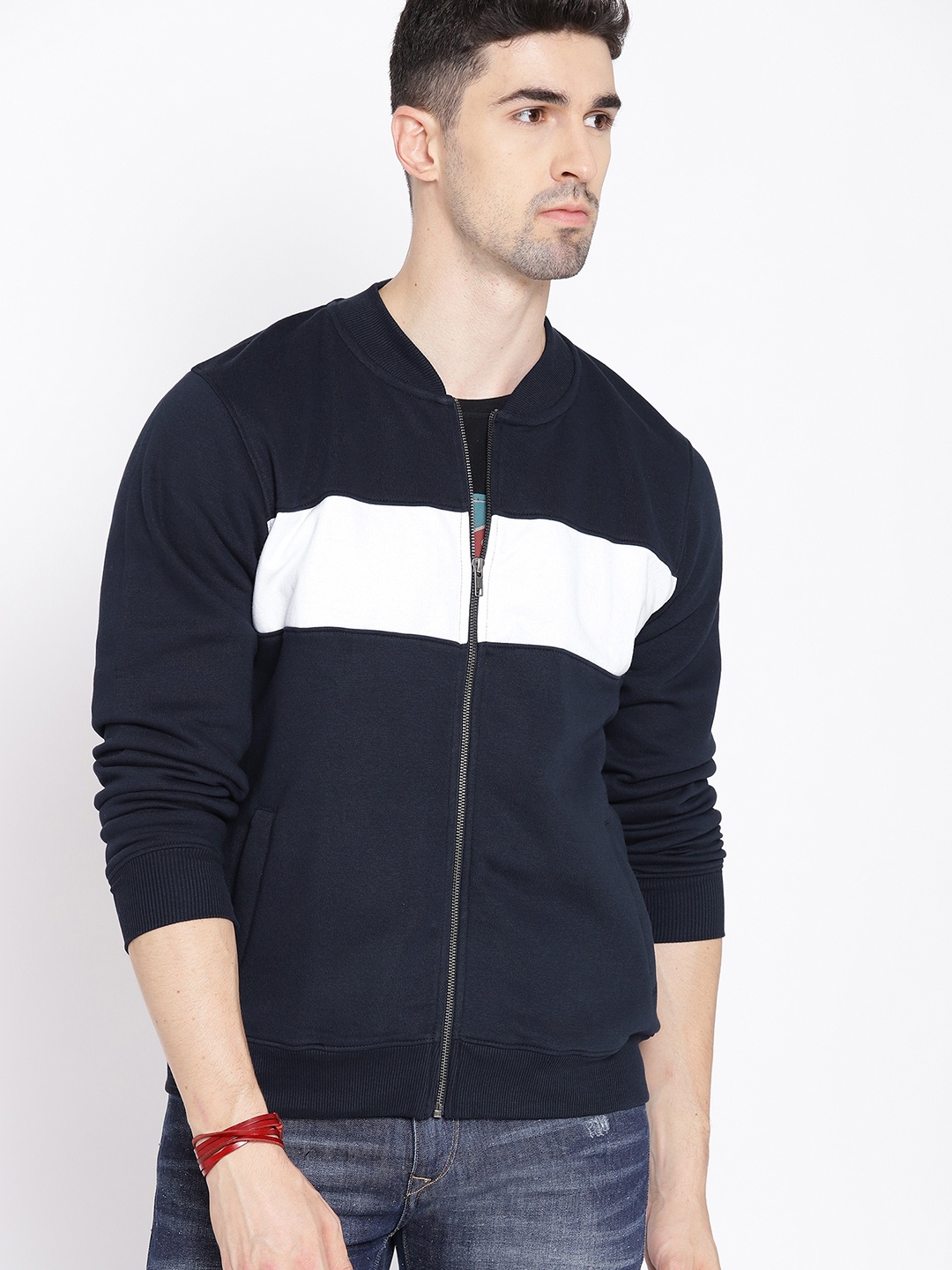 

The Roadster Lifestyle Co Men Navy Blue & White Colourblocked Sweatshirt
