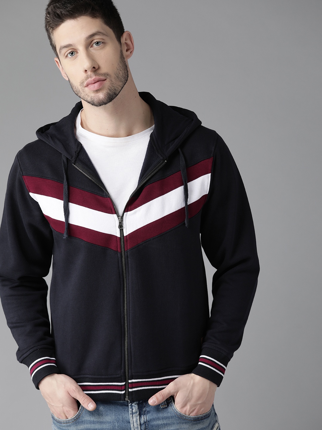 

The Roadster Lifestyle Co Men Navy Blue & White Colourblocked Hooded Sweatshirt