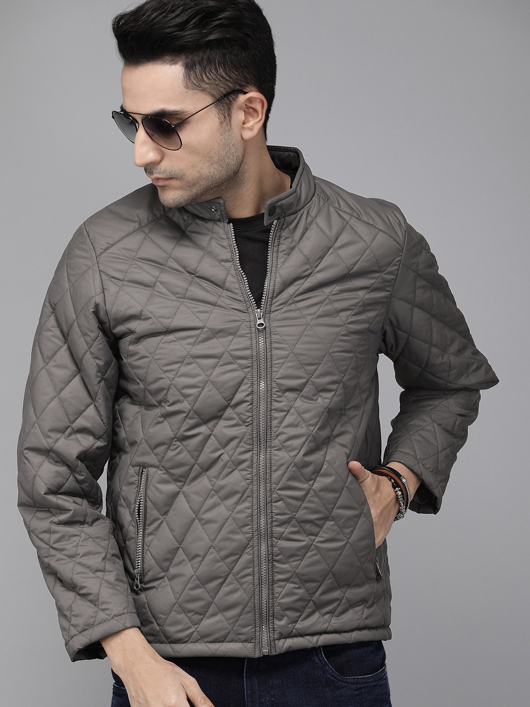 

The Roadster Lifestyle Co Men Charcoal Grey Solid Quilted Jacket