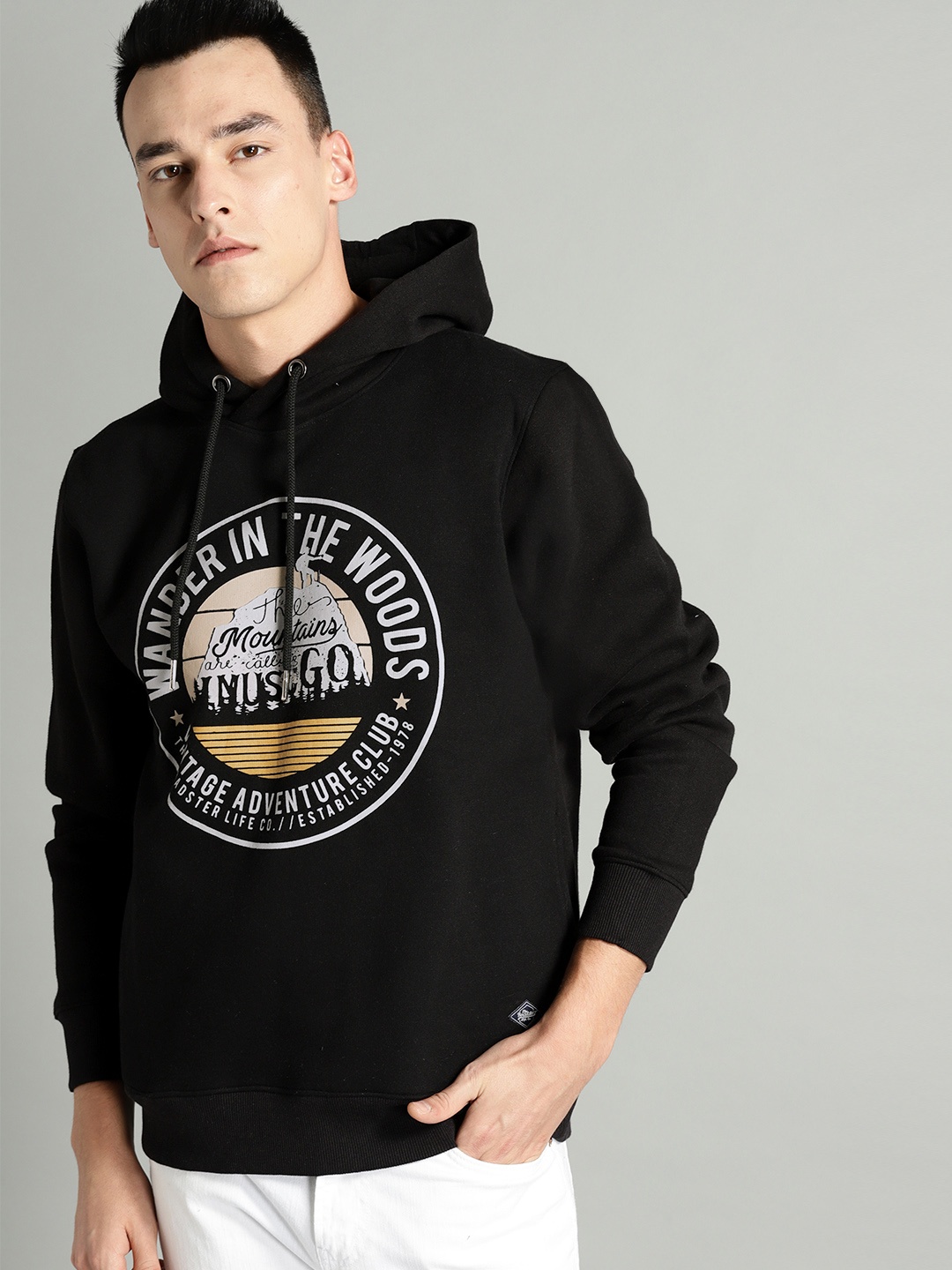 

The Roadster Lifestyle Co Men Black & Off-White Printed Hooded Sweatshirt