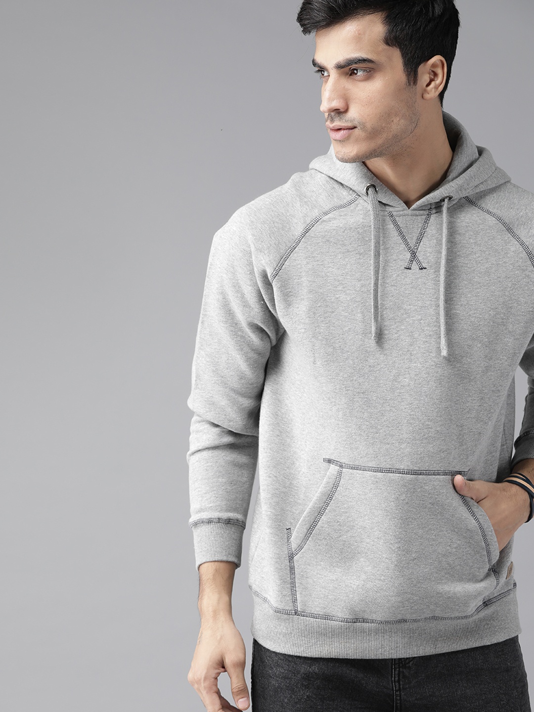 

The Roadster Lifestyle Co Men Grey Melange Solid Hooded Sweatshirt