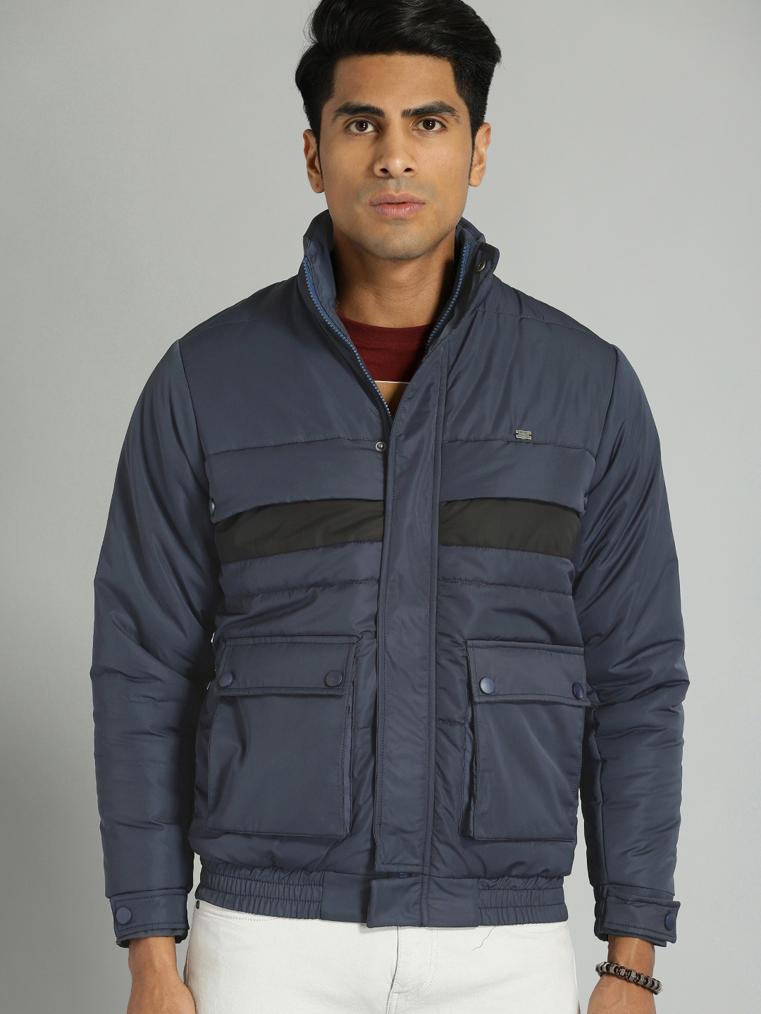 

The Roadster Lifestyle Co Men Navy Blue Solid Bomber Jacket