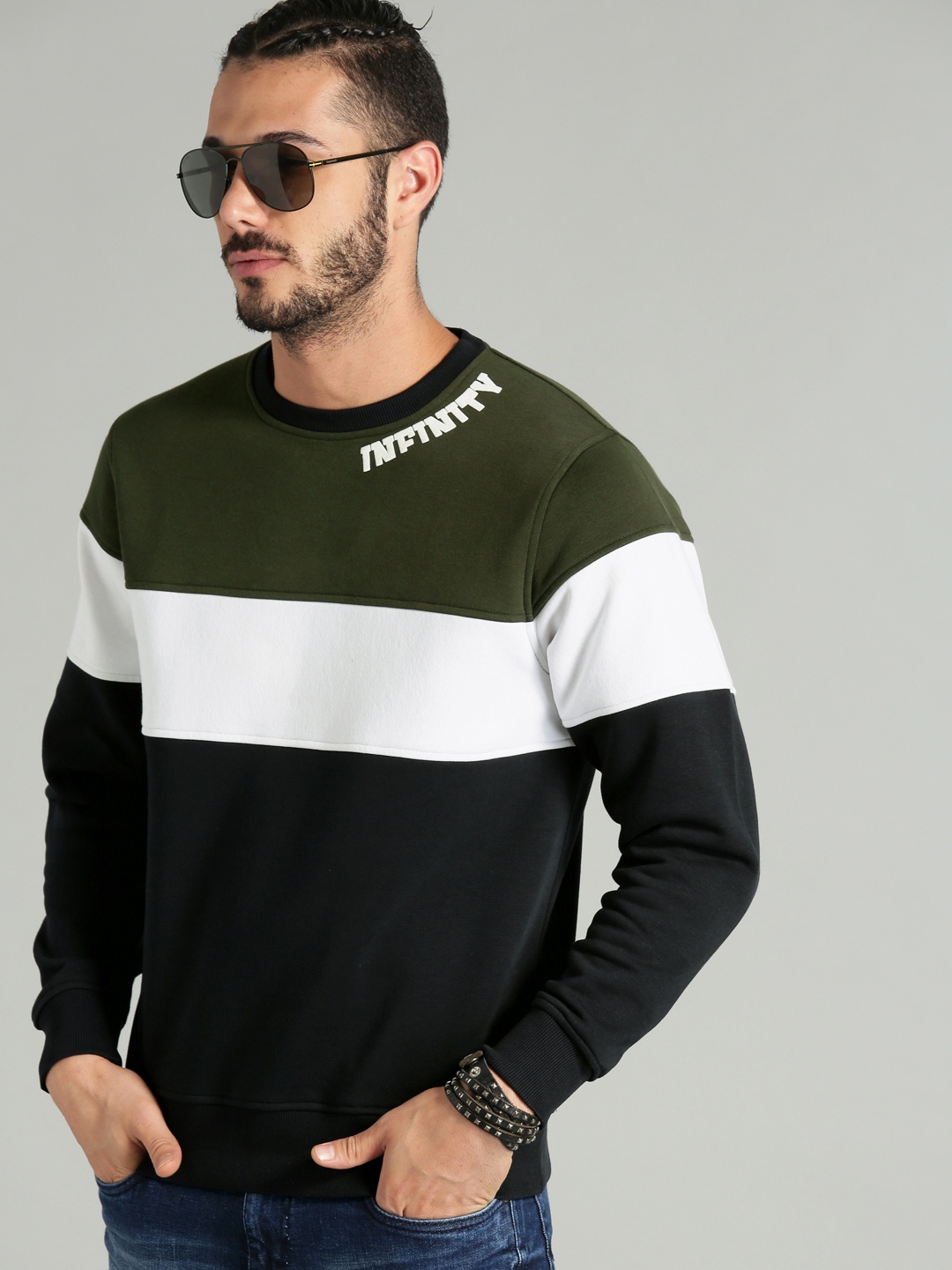 

The Roadster Lifestyle Co Men Navy Blue & Olive Green Colourblocked Sweatshirt