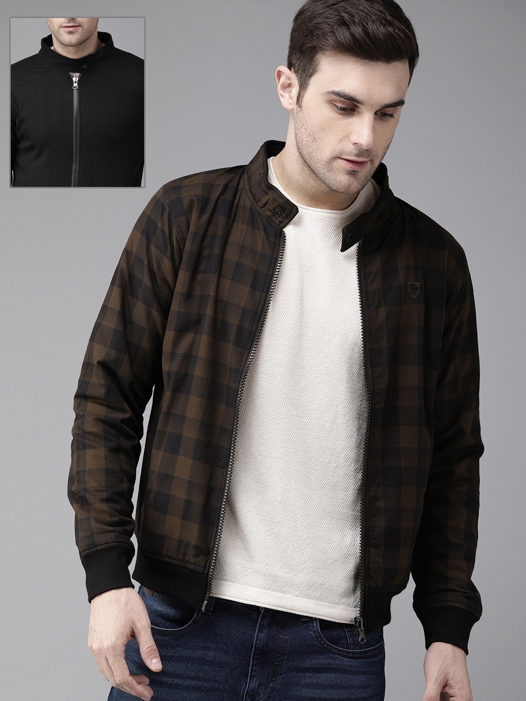 

The Roadster Lifestyle Co Men Brown & Black Reversible Bomber Jacket