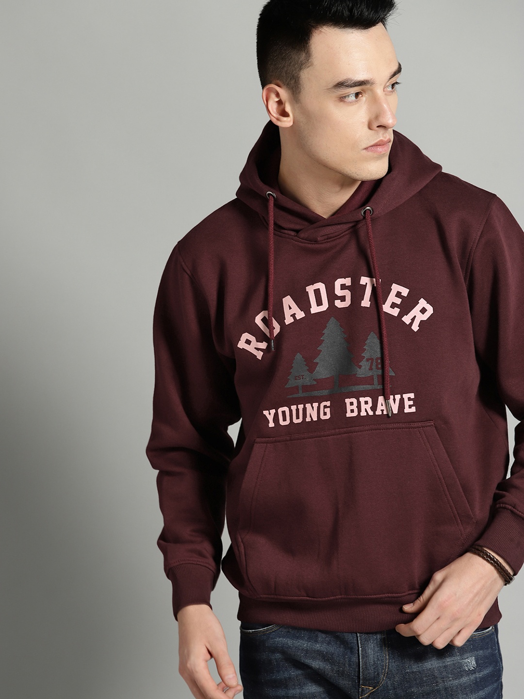 

The Roadster Lifestyle Co Men Burgundy Printed Hooded Sweatshirt