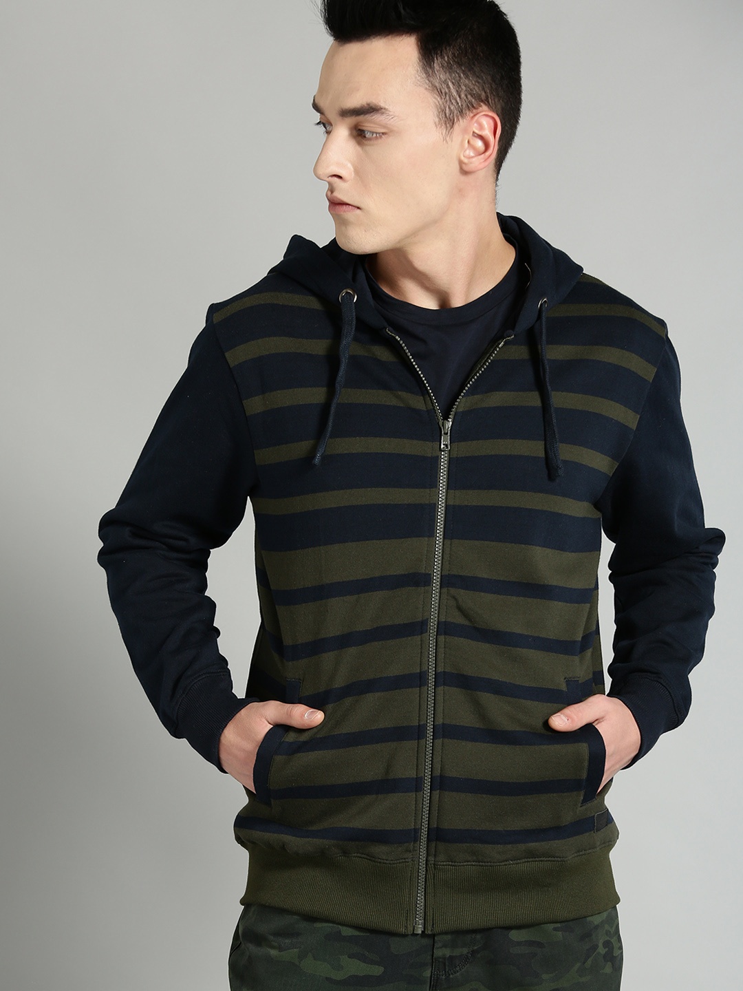 

The Roadster Lifestyle Co Men Olive Green & Navy Blue Striped Hooded Sweatshirt