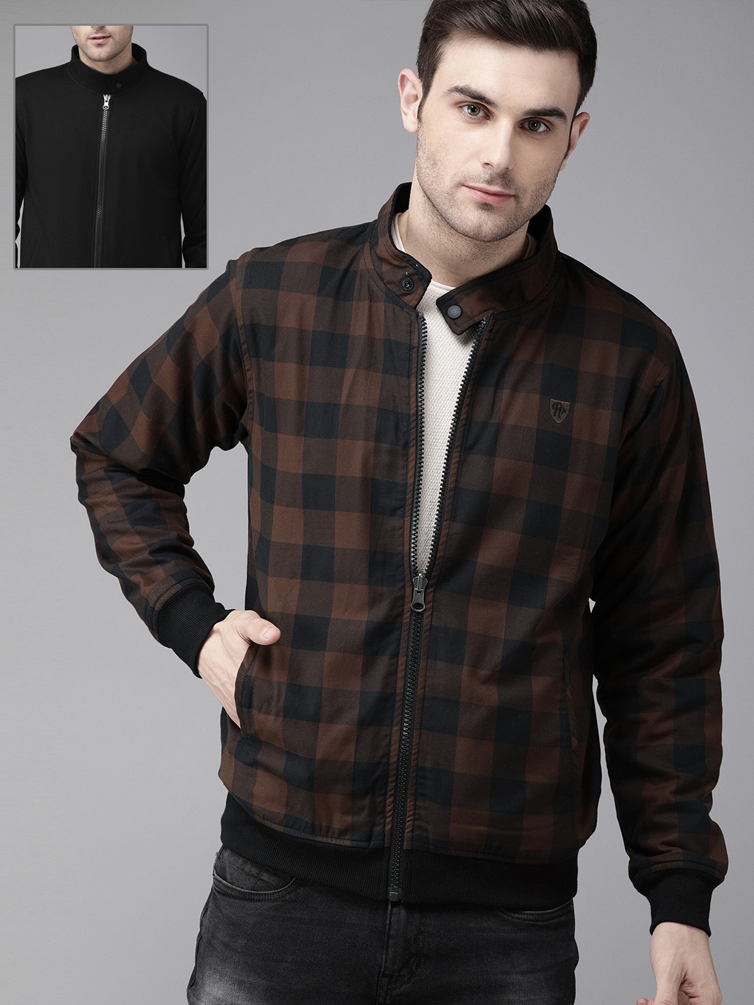 

The Roadster Lifestyle Co Men Brown & Black Reversible Bomber Jacket